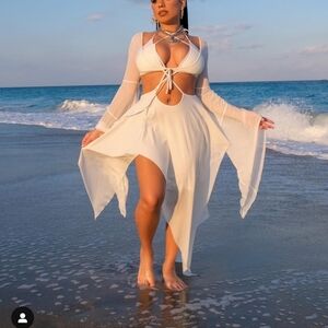 Dolls Kill Darker Wavs Echo Asymmetrical Strappy Dress White Mesh Bell Sleeves M